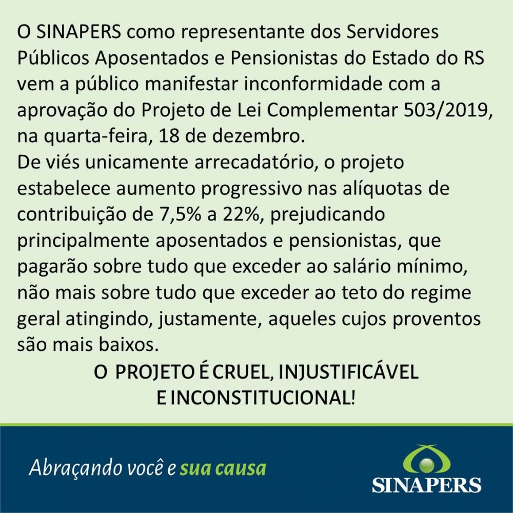 SINAPERS LAMENTA A APROVAÇÃO DO PLC 503/2019.