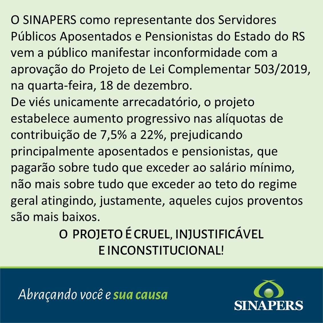 SINAPERS LAMENTA A APROVAÇÃO DO PLC 503/2019.