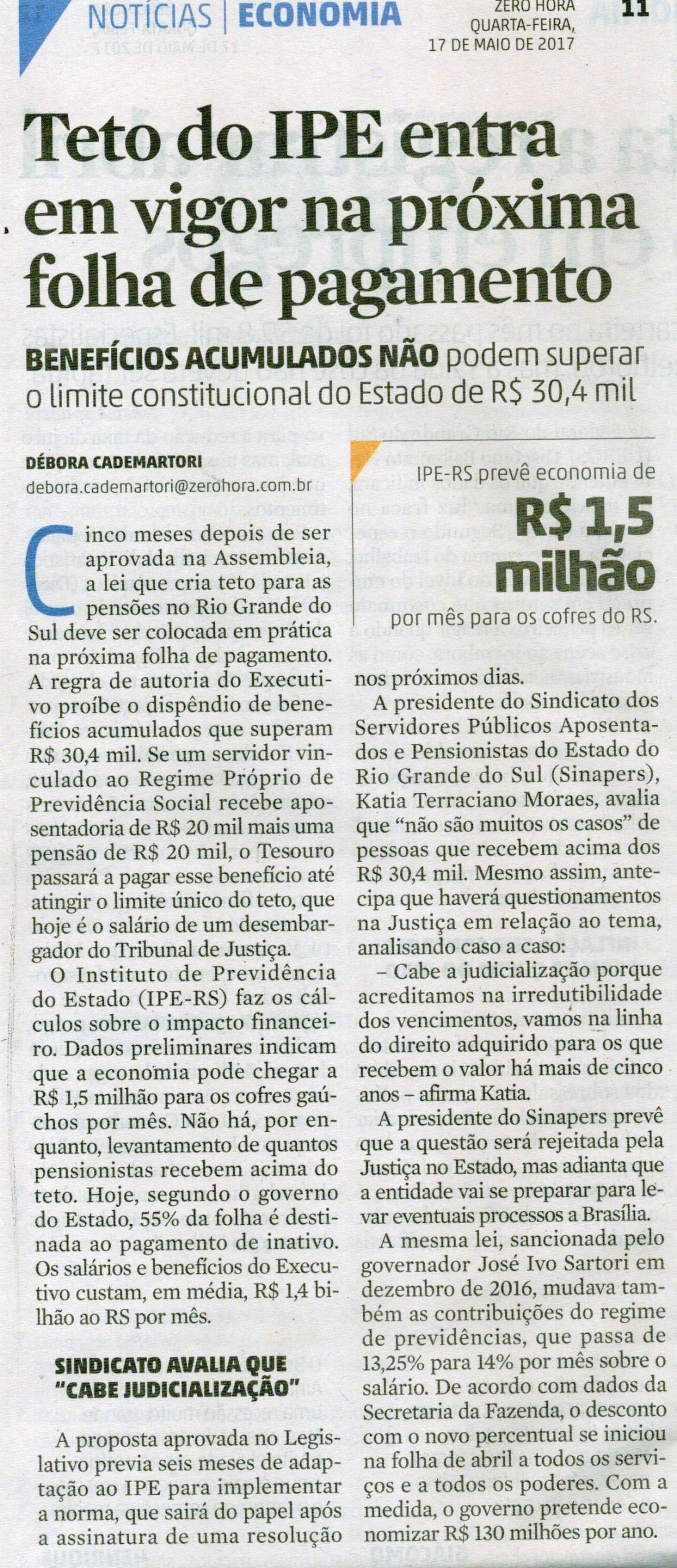 Teto do IPE entra em vigor na próxima folha de pagamento (ZH)
