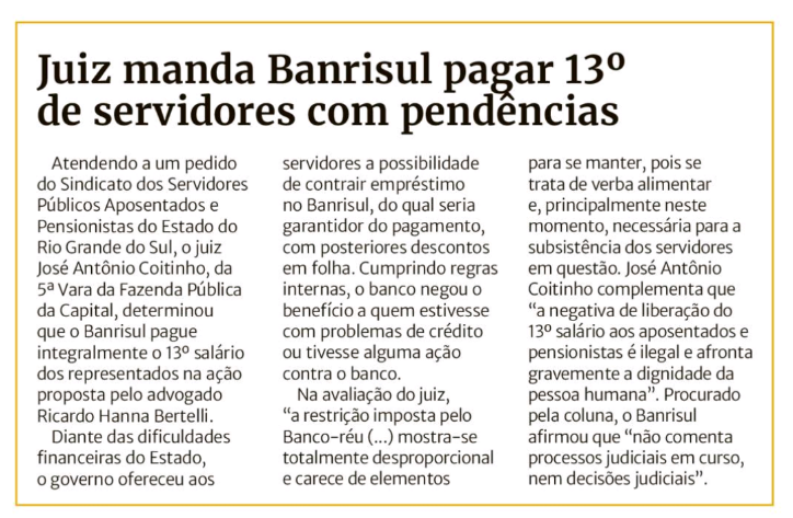TJ concede liminar do Sinapers e determina que o Banrisul proceda no pagamento integral do 13º salário