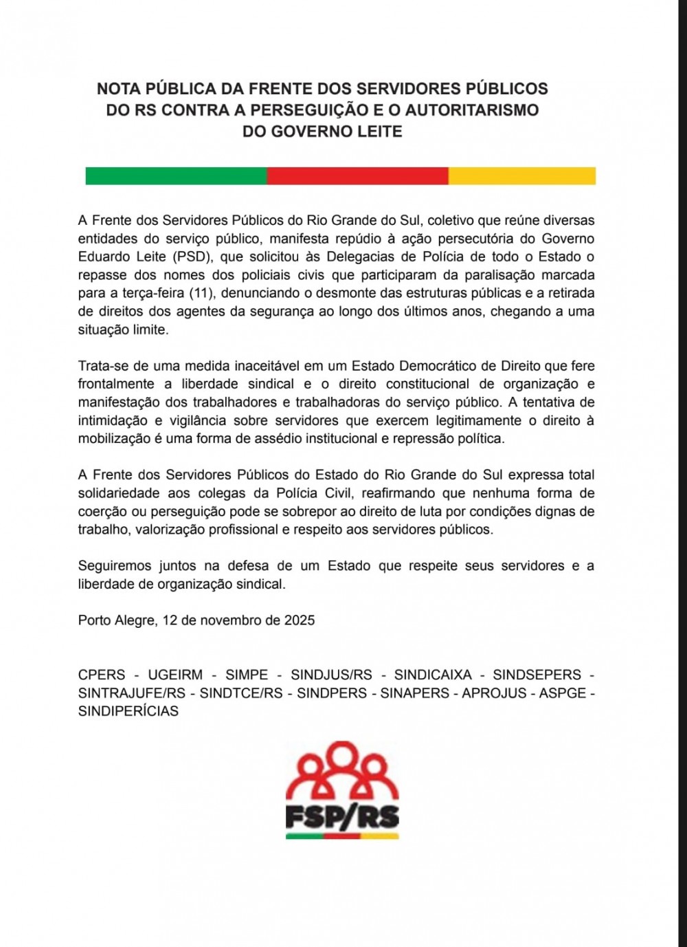 Frente dos Servidores Públicos publica nota contra perseguição e autoritarismo do governo Leite com policiais civis